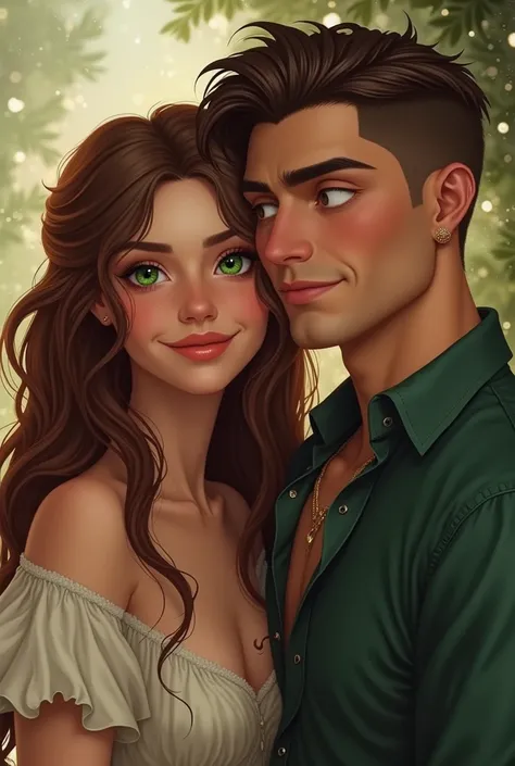 create an image of a character from a fairy tale of a loving couple,  girls name is Kinga ,  has wavy long brown hair , niebieskie oczy i jest szczupła, boys name is Bartek ,  has brown hair and shaved sides , lekki zarost,  green eyes and is muscular  