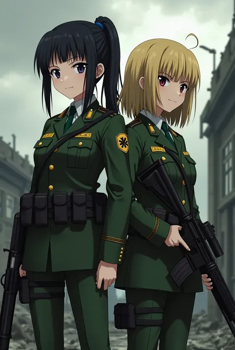 Rika furude and Satoko from anime when they cry, they wearing soldier uniforms and holding guns 