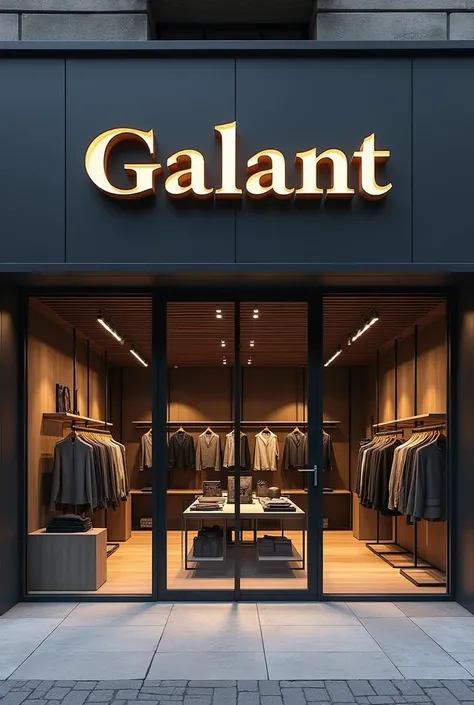  Create a store front with a name  "Galant ", a mens clothing store . modern architecture,  and the image highlighting the stores name 