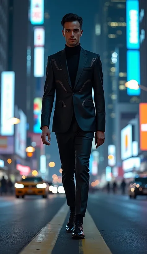 "Vinícius Júnior, dressed in a sleek, modern suit with subtle patterns, stands in the middle of a grand, futuristic city street at night, his face focused yet serene, symbolizing his rise to stardom and strength. The scene is set in a near-future, high-tec...