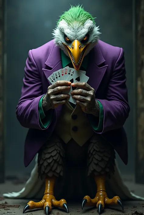 Humanoid eagle disguised as the Joker holding poker cards in his left hand 