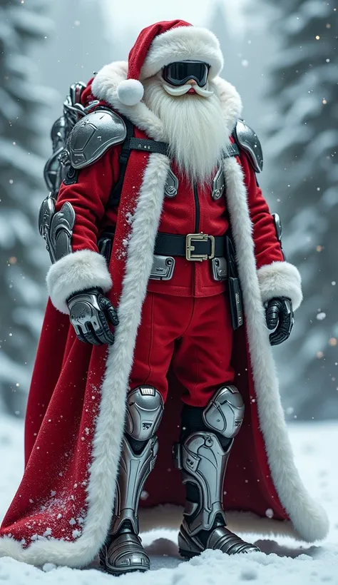  A highly detailed and ultra-realistic depiction of a fusion between Santa Claus and a futuristic armored superhero . } The character wear an elegant red and white suit that mixes traditional Santa Claus aesthetics with high-tech metallic elements,  includ...