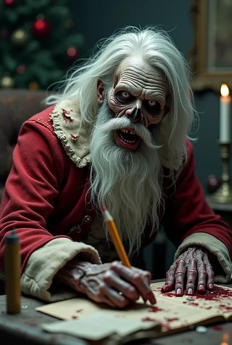 Create a hyper-realistic image of a zombie Santa Claus in a dark and eerie setting. Santas face is grotesque and decaying, with grayish, rotting skin, exposed bones, and hollow, white eyes. His mouth is slightly open, revealing broken teeth and decaying fl...