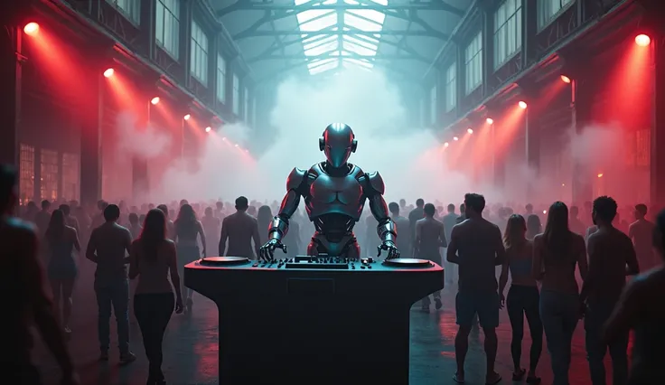 many dancing techno people in a old hangar with a hyperealistic robot DJ in the middle