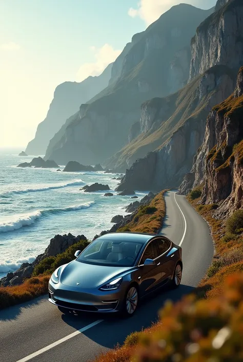 A Tesla Model 3 Highland car on the road with a rugged coastline behind it