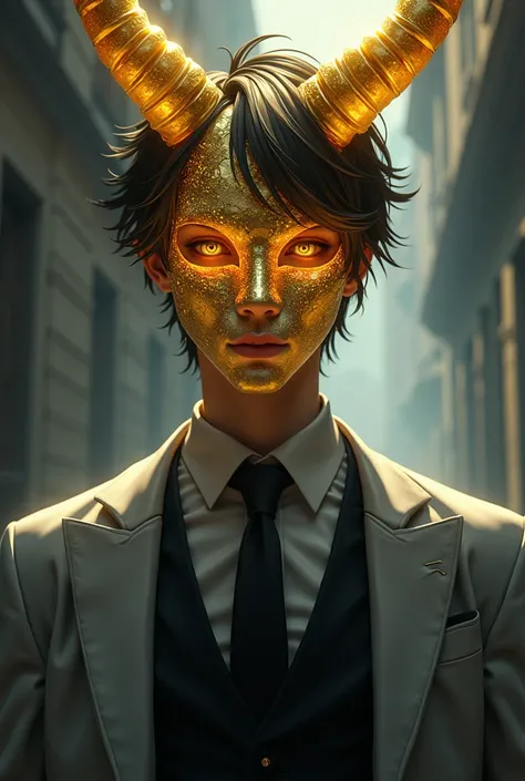 Generate a anime guy, He wears a Grey suit with black vest and also wears a Glowing mask of gold shards and has Golden Curved horns on his head