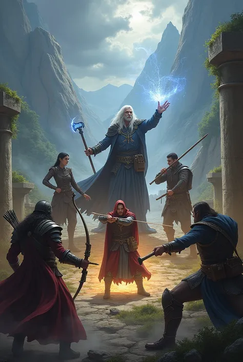 Image bringing together several RPG classes, including wizards, thieves, warriors, barbarians, archers. Epic image.;