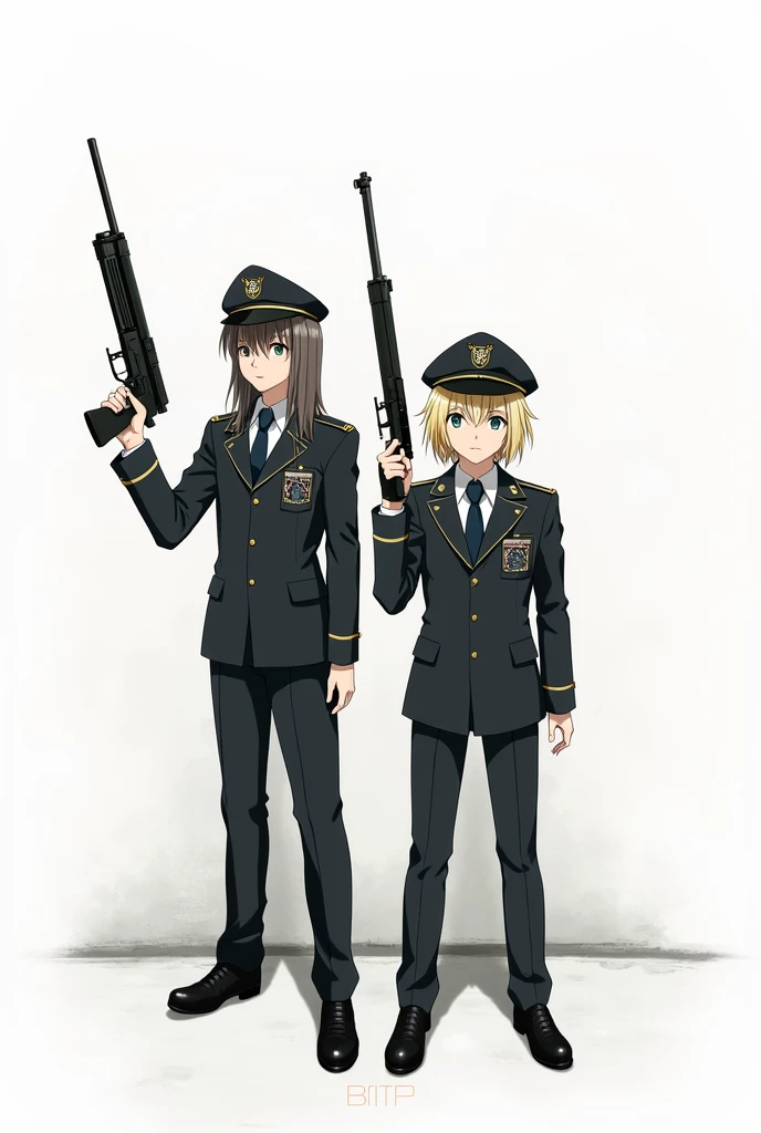 Rika furude and Satoko from anime when they cry, they wearing soldier uniforms and holding guns, anime “when they cry” and white background 