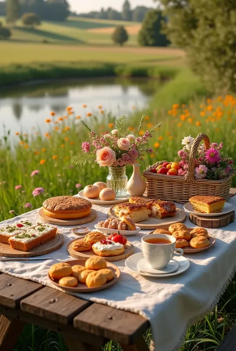 An aesthetic countryside picnic setup with various kinds of visually appetising and appealing food, sandwiches,pies, snacks,cakes,fruits charcuterie,sweets,one juice bottle and baked items with a decorated picnic basket. Add other stuff to make it aestheti...