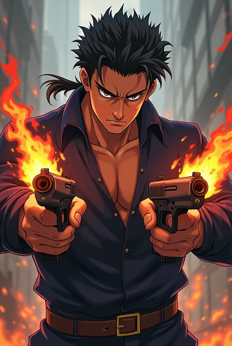 Create a 22-year-old role-playing character com uma cara madura igual do toji de jujutsu kaisen with black hair in anime style with a mature face like Toji from Jujutsu Kaisen with two pistols like muskets, But they are imbued with fire 