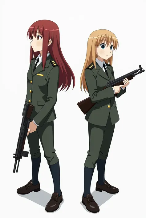 Rika furude and Satoko from anime when they cry, they wearing soldier uniforms and holding guns, anime “when they cry” and white background 