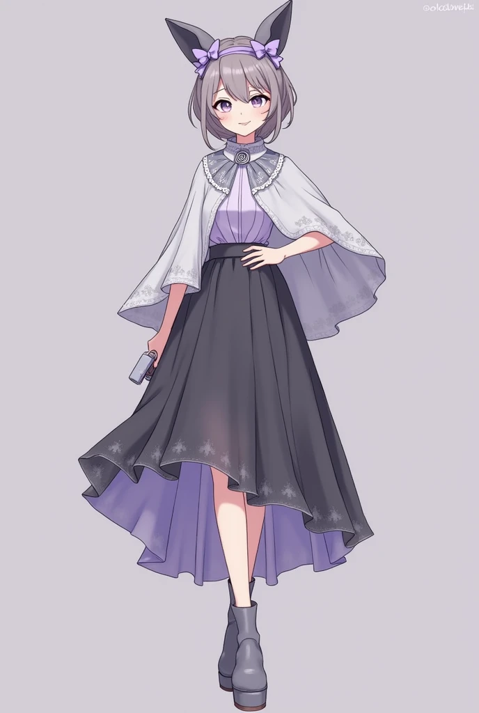 Imagine an outfit perfectly inspired by Espurr, the Psychic-type Pokémon, ideal for a girl participating in Pokémon contests, where elegance, sweetness, and mystery blend in a subtle and sophisticated way. The base of the outfit is a light gray or lavender...