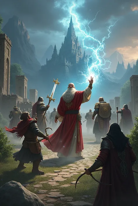 Image bringing together several RPG classes, including wizards, thieves, warriors, barbarians, archers. Epic image.;