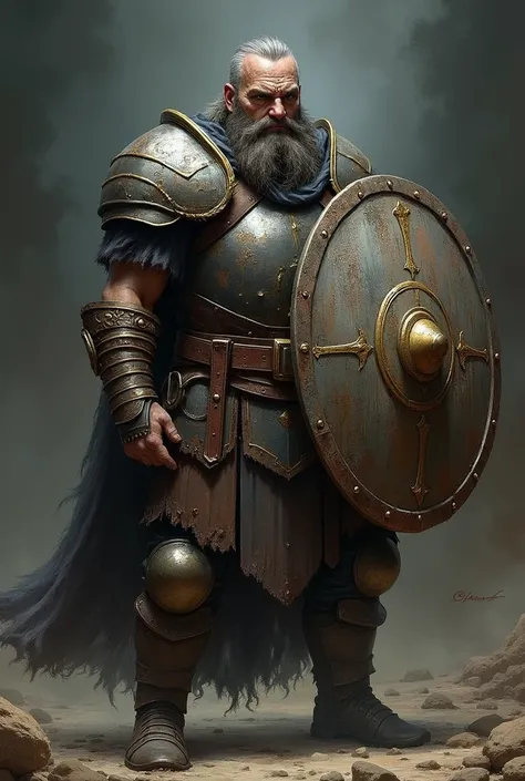 A warrior with old armor and weapons, using a shield to defend himself. Illustration.