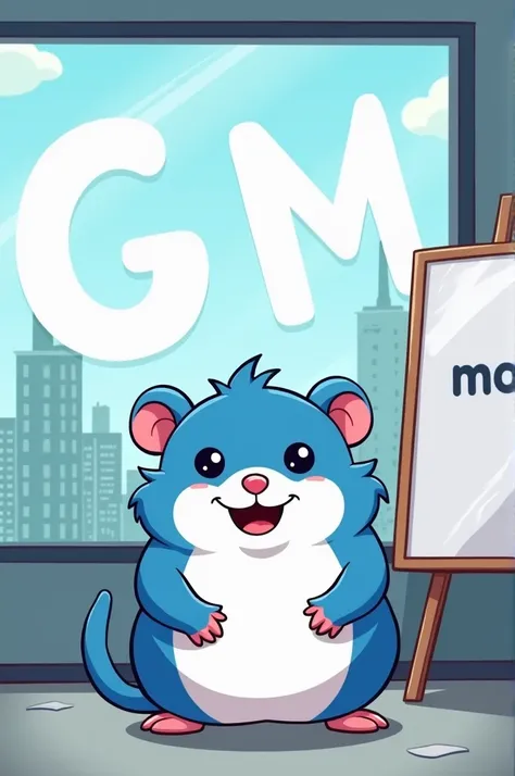 Illustration of a cartoon mouse character in an office setting with the letters "gm" in the background. the character is a blue and white hamster with a big smile on its face. it is standing in front of a large window with a view of a city skyline. on the ...