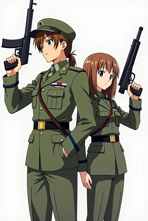 Rika furude and Satoko from anime when they cry, they wearing soldier uniforms and holding guns, anime “when they cry” and white background. in 2000s anime style 