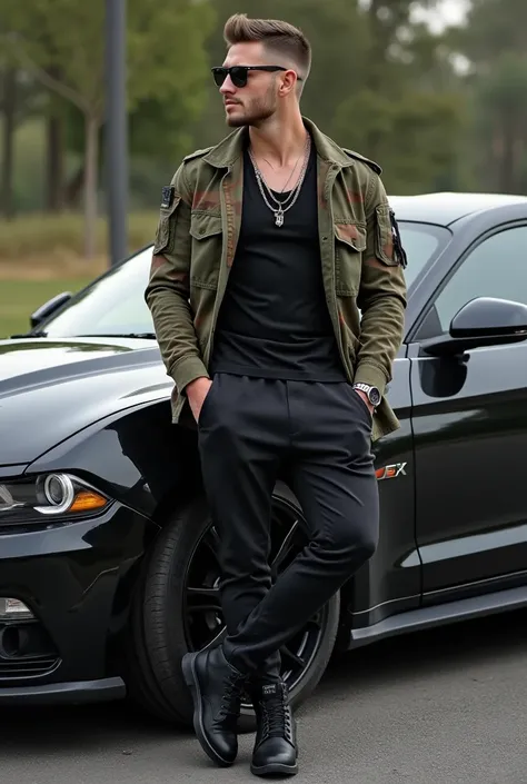 Muscular young American man leaning casually against sports car, military short haircut, Black sunglasses,  tight-fitting black tank top, army jacket in woodland camouflage, Necklaces, bracelets, black Sweatpants,  black combat boots , Hot look 