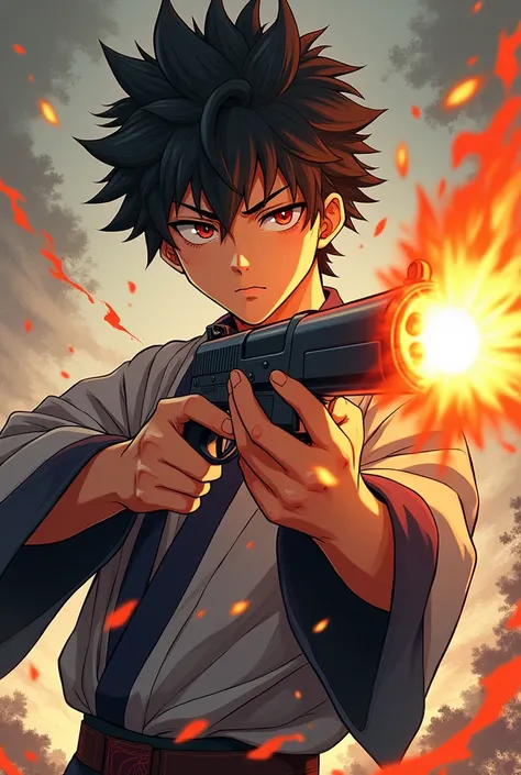 Create an anime-style image of a young male character like Toji from Jujutsu Kaisen, With two pistols like a musket imbued with fire 