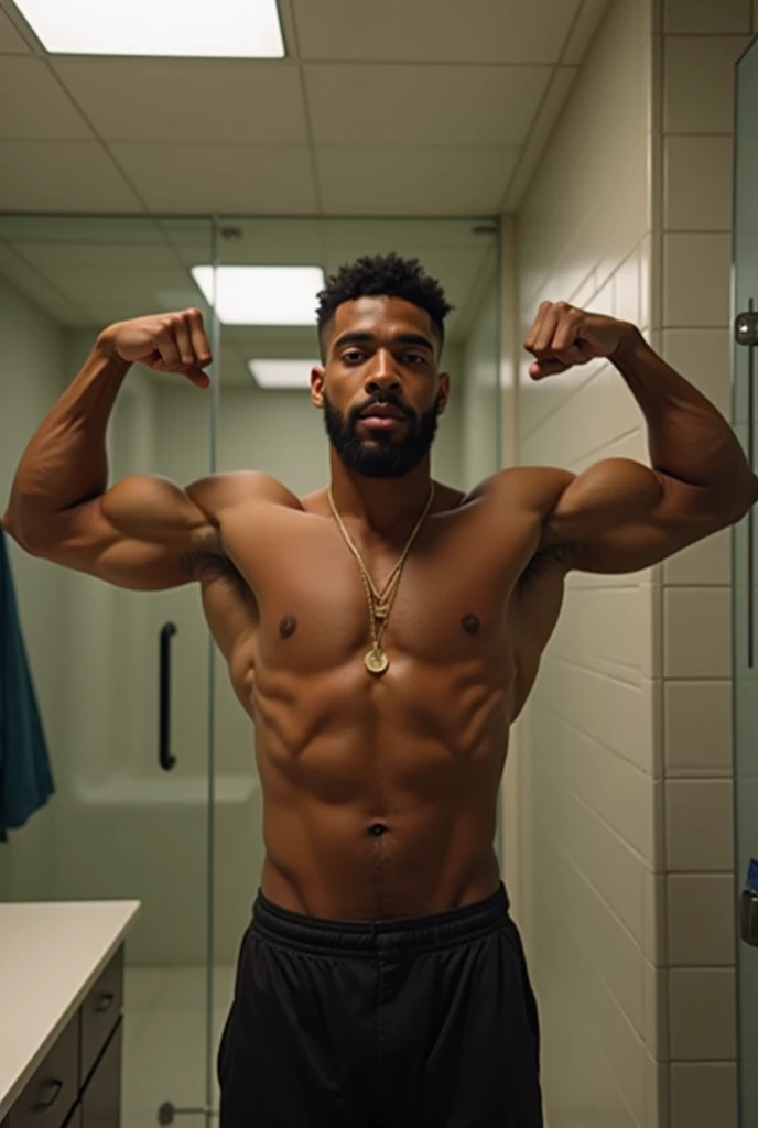 arafed man flexing his muscles in a bathroom, fit pic, posing and flexing, lean but muscular, showing off biceps, showing off his muscles, flexing large muscles, posing ready for a fight, lean and muscular, taken in the early 2020s, muscles, fairly muscula...