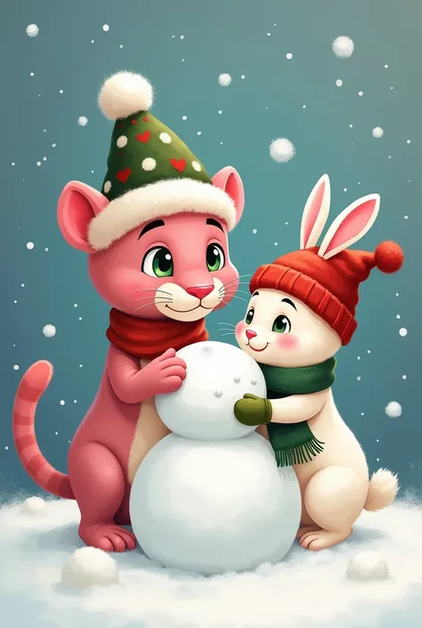 A cute male panther with pink fur and green eyes and an adorable little white rabbit are building a snowman together. They are weare wearing Christmas themed hats and scarves and mittens. They are very in love. 