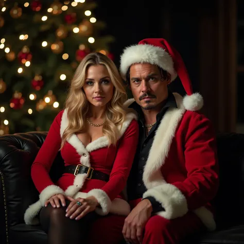 Johnny Depp and Vanessa Paradis the woman has blond hair , both are wearing Santa Claus Christmas clothes . .  The woman is sitting on the mans lap in an elegant way and the man also dressed as Santa Claus has a serious and challenging look. They are looki...