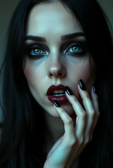 (( masterpiece)), ultrarealistic,  portrait of a beautiful, pale-skinned vampire woman with (Black nail polish), a deep dark makeup,  bright blue eyes , In a dark and dreary environment . (The message is Portuguese .)