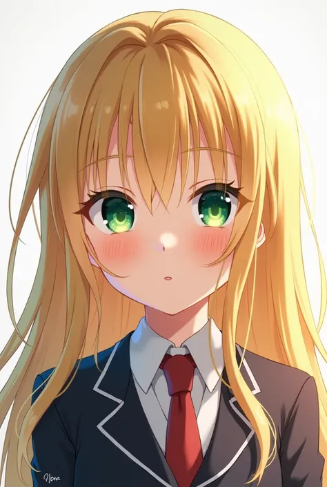 Make a human teenage girl with green eyes, blonde hair and wearing a school uniform 