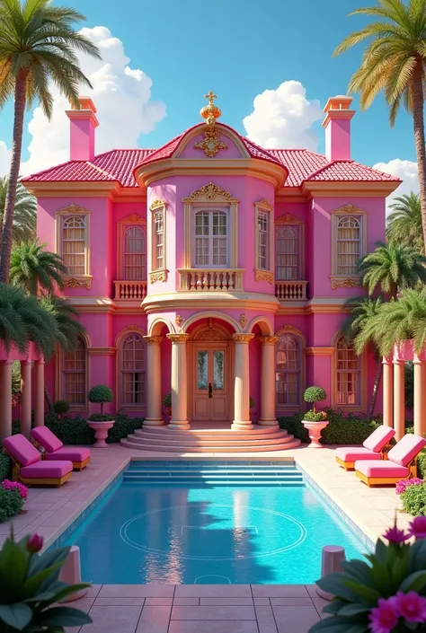 A Barbie mansion with pool with lots of dresses and sideboards with a pool and an American football court 