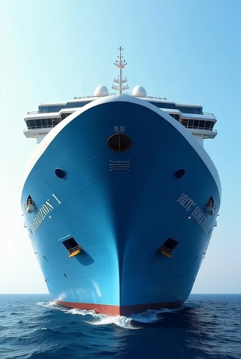 90 degree view of a large cruise ship with the name “BLUE HORIZON 1” clearly stenciled on the bow, blue hull