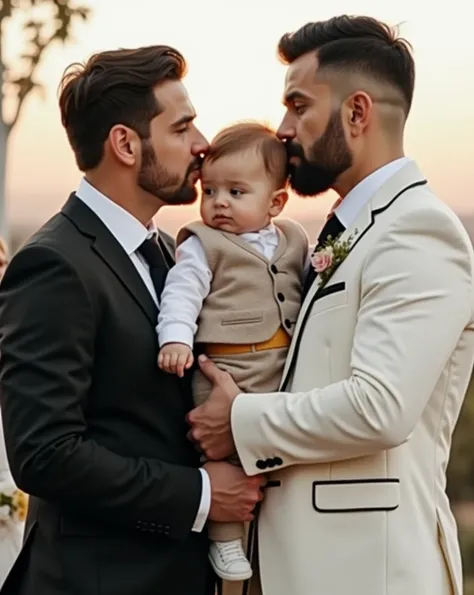 Using their faces at a wedding moment, one wearing a black suit and the other wearing a white suit, looking at each other and giving each other a kiss while holding a loaded one-year-old boy in his arms 