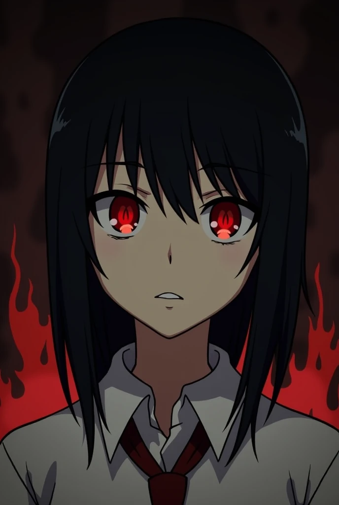 The image of Mákima from the Chainsaw Man , anime, only with black hair and red eyes, almost blood, Like a light flame ,not so bright 