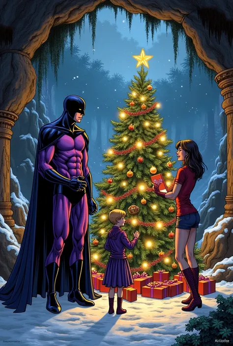 A detailed scene featuring the comic book superhero, The Phantom, celebrating Christmas with his family. The Phantom, wearing his iconic purple suit and black mask, stands near a beautifully decorated Christmas tree in the Skull Cave, which is adorned with...