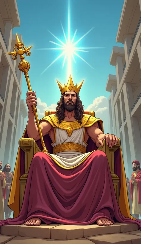  Melchizedek is on a simple throne , but majestic, in the middle of a peaceful city .  He wears a golden crown and holds a scepter ,  symbolizing her royalty .  The surrounding environment is calm ,  with inhabitants in the background living in harmony.  A...