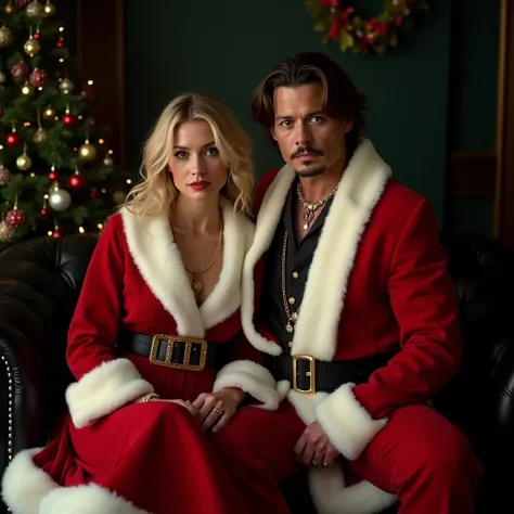 Johnny Depp, extremely handsome, attractive looking young, 30 years old, and Vanessa Paradis, the woman has blond hair, both are wearing Santa Claus Christmas clothes . .  The woman is sitting on the mans lap in an elegant way and the man also dressed as S...