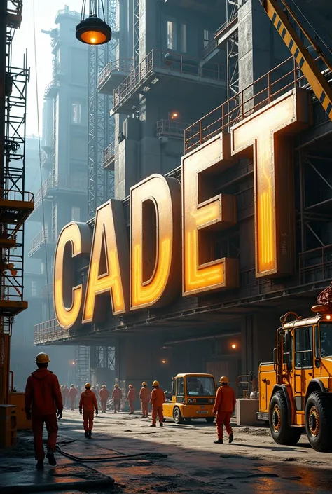 "A futuristic industrial construction scene showcasing giant letters forming the word CADET made of shiny metal with integrated neon lights. The letters are surrounded by intense construction activity: moving cranes, complex scaffolding, workers in orange ...