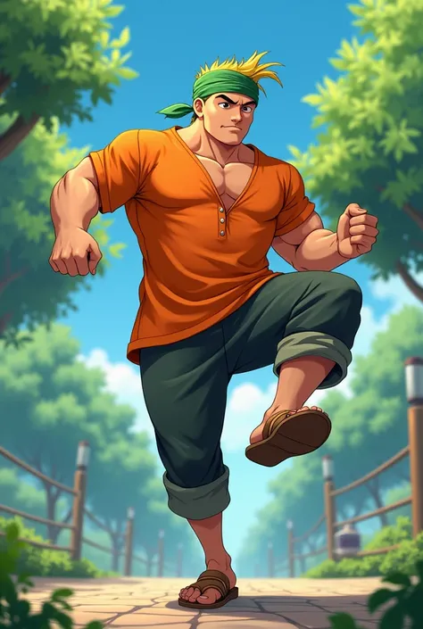 Adult Man, round face, with short thin yellow haircut, less chubby, muscular, in Anime, wearing his green bandana-like-beanie, wearing his orange short kurta, dark gray pants, brown sandals, at the park, lifting his right foot up higher, viewing from the b...