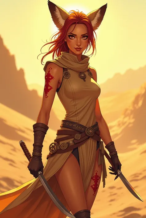 "A digital comic style illustration in a realistic aesthetic of a nimble and cunning warrior of the Colarroja Clan from the fantasy realm of Erelia, depicted in the warm, golden hues of a sunlit desert. The warrior has a sleek, athletic build and is dresse...