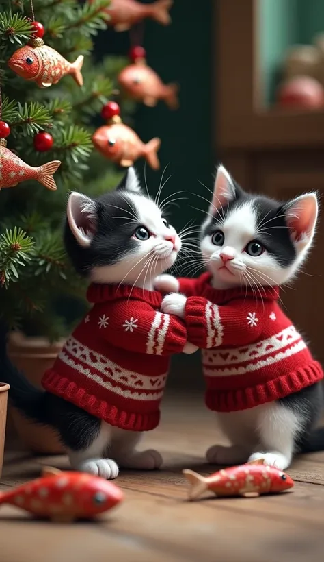 (( masterpiece,  Highest quality ,  Maximum image quality ,  High resolution, photorealistic ,  RAW photo,  extremely detailed 8k unified CG wallpaper)), Bicolor black and white .  kittens dressed in Christmas sweaters ,   place fish ornaments on a Christm...