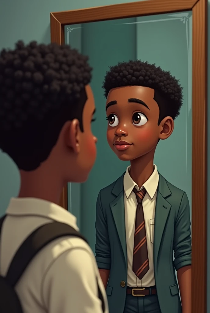 A  African boy looks at himself in the mirror in dry clothes but the mirror shows a black suit with a Tai 