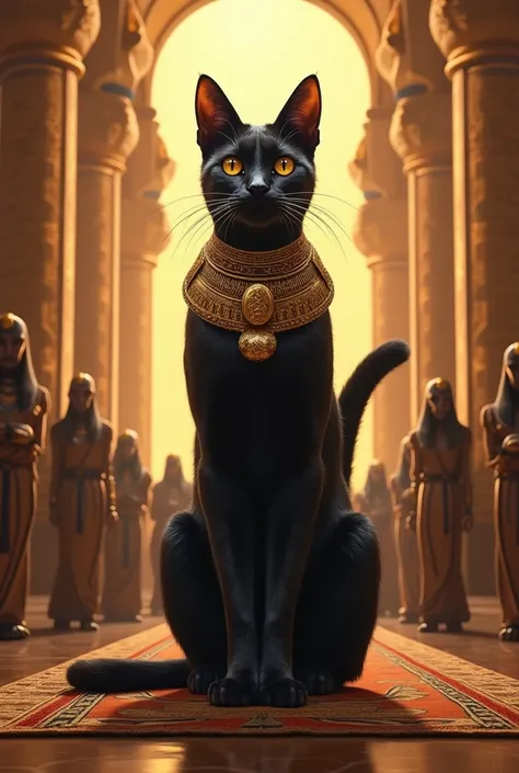 Make an image of an Egyptian cat that is a king with people bowing