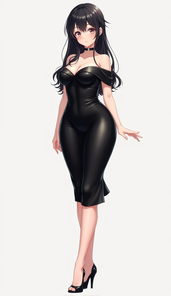  anime girl 2D.  Full length from head to toe .  Long black silky shiny dress .  Black shiny shoes open-toe heels.  Big chest and ass ,  choosing from a dress .  thin waist.