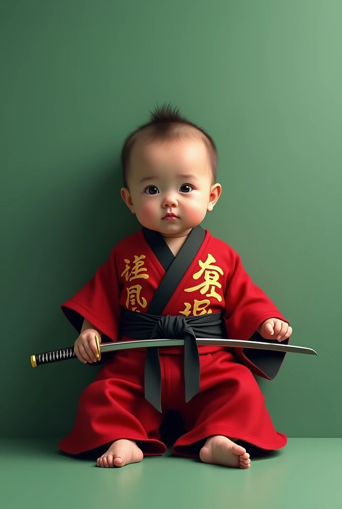  A realistic Japanese samurai baby ,  red kimono with black collar,  golden Japanese letters , black belt, sword in hand, a plain green wall , a smooth green floor  