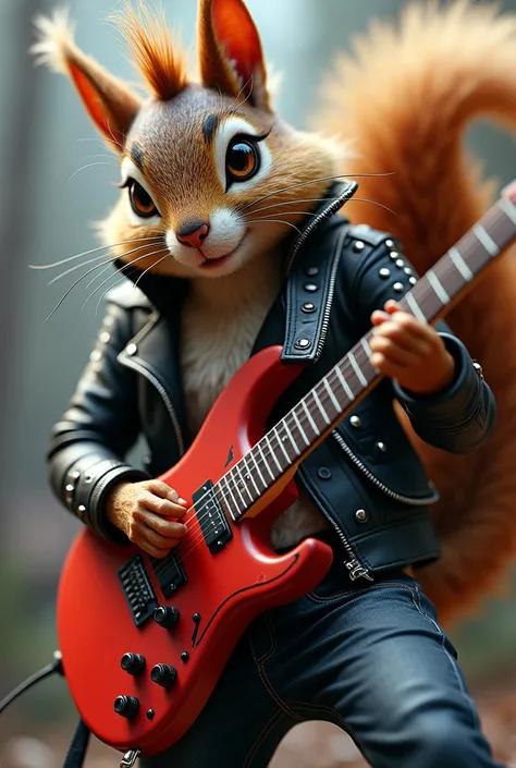 Now a rocker squirrel with electric guitar and a leather jacket with metallic details and a punk hairstyle