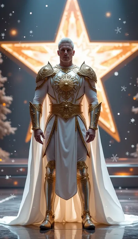  a tall, muscular man ,  with fair skin and short, well-groomed silver hair . He wears white ceremonial armor ,  adorned with gold details that form solar light patterns .  A long, flowing cover of translucent fabric falls from his shoulders .  He is on st...