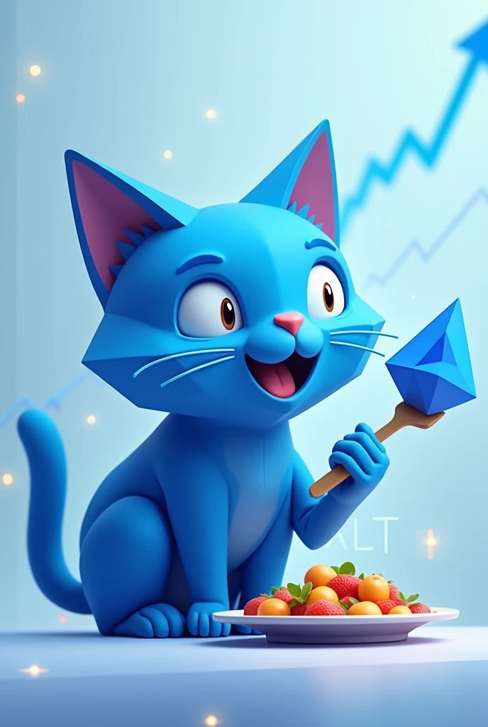 I want an image of a blue geometric cat eating, while the cryptocurrency Bluecat is simultaneously rising, and the cat is happy about the increase in value.