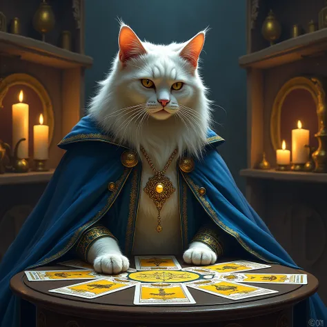 The image shows a long-haired cat with a serious expression, dressed in a blue cape decorated with gold details and a necklace with pendants. He is sitting in front of a round table covered in tarot cards arranged in a circular pattern. The lighting in the...