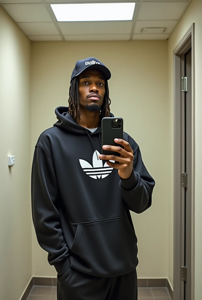  (African-American boy) (Short braided skinny hair down dreadlocks) (wearing a snow hat)A 22 year old, (with no beard no mustache) 1,65m high, (165m tall) shooting a photo of himself in the mirror , in the bathroom, in a high-quality 8k . He is in front of...