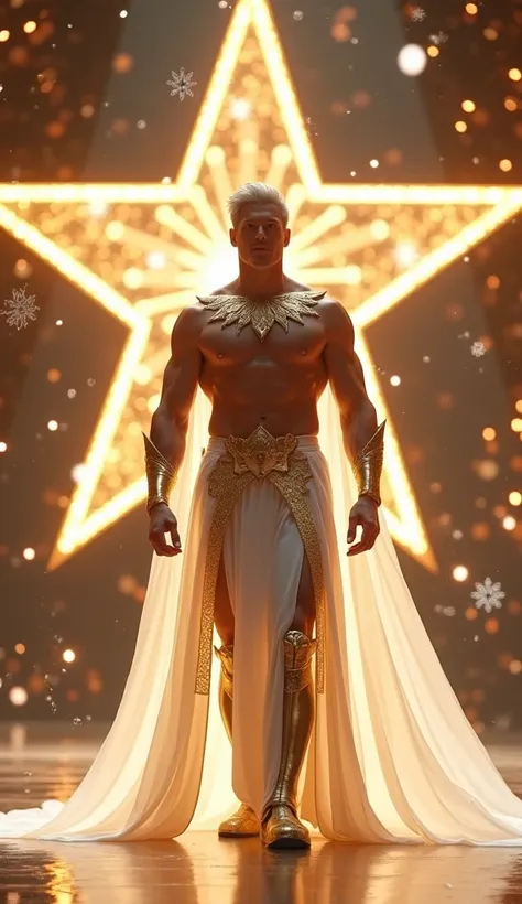  a tall, muscular man ,  with fair skin and short, well-groomed silver hair . He wears white ceremonial armor but he is shirtless ,  adorned with gold details that form solar light patterns .  A long, flowing cover of translucent fabric falls from his shou...