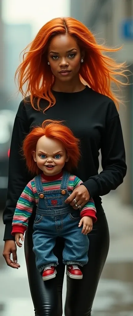 Rihanna with orange hair in a black sports top with leather pants carrying the Chucky doll forward 