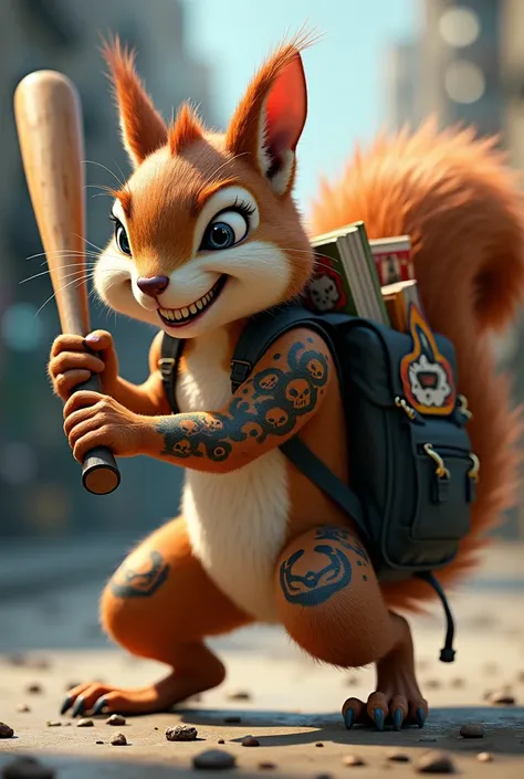 Now do a dumb squirrel with , a baseball bat in hand,  tattoos with a very angry face and posing a backpack with books of a cute squirrel 